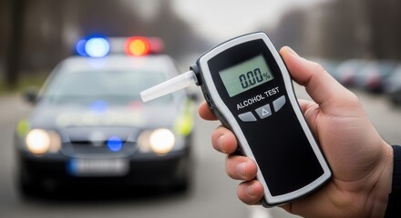 Hand holding breathalyzer with police car in background showing zero percent alcohol concentration