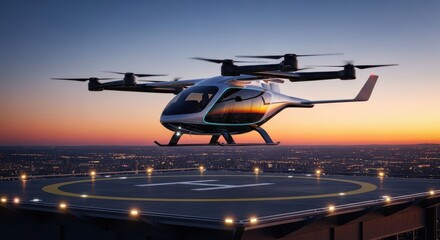 An electric vertical takeoff and landing aircraft landing on a rooftop helipad at sunset time