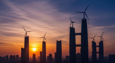 Wind turbines atop skyscrapers at sunset creating a futuristic cityscape silhouette against orange sky