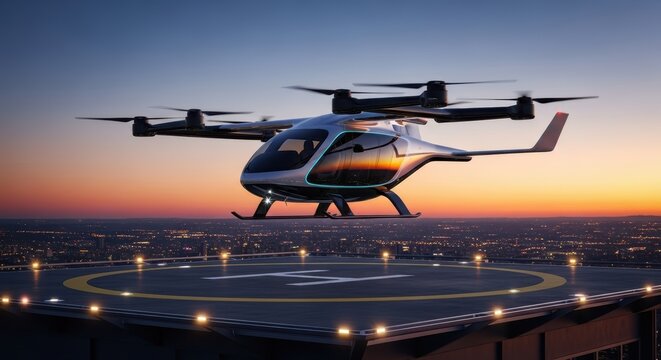 An electric vertical takeoff and landing aircraft landing on a rooftop helipad at sunset time