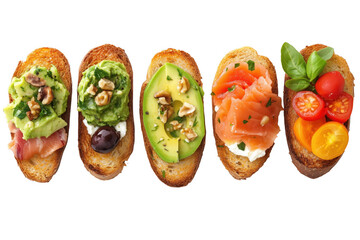 Assorted gourmet toasts with fresh toppings isolated on a transparent background