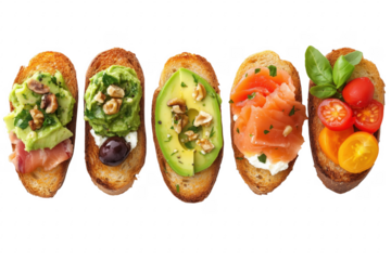 Assorted gourmet toasts with fresh toppings isolated on a transparent background
