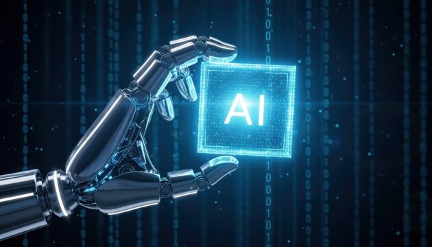 A robotic hand holding a glowing ai cube against a binary code background in a futuristic setting - Powered by Adobe