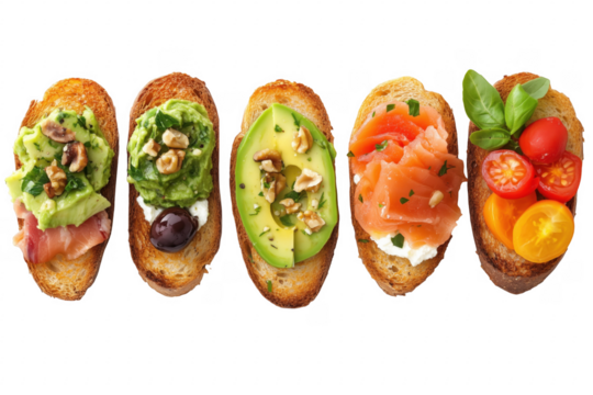 Assorted gourmet toasts with fresh toppings isolated on a transparent background