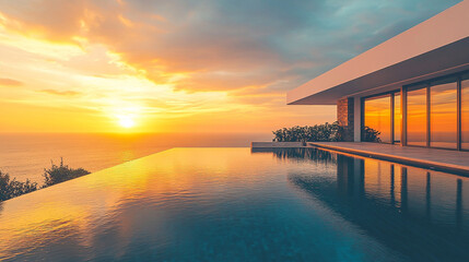 A modern house with an infinity pool overlooks a calm ocean at sunset, reflecting warm hues of the sky, creating a serene, luxurious, and peaceful coastal scene.

