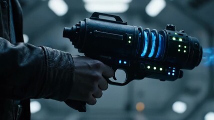 Close Up Shot of a Person Holding Futuristic Sci-Fi Weapon with Glowing Blue Lights - Powered by Adobe