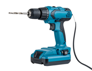 Teal cordless drill with drill bit, angled view on a solid black background showing detail and texture of the tool