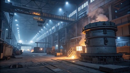Photorealistic view of a modern sustainable steel foundry featuring a glowing hybrid furnace system