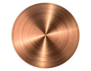 Glossy copper disk with radial brushed pattern shines against a black background, light glinting off its surface