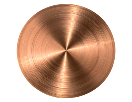 Glossy copper disk with radial brushed pattern shines against a black background, light glinting off its surface