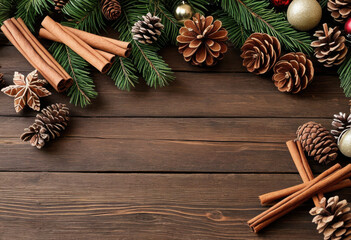Rustic wooden table with handmade felt Christmas decorations, pine cones, and cinnamon sticks