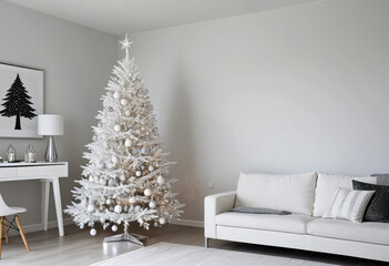 Minimalist white Christmas tree with silver and crystal ornaments, modern apartment setting