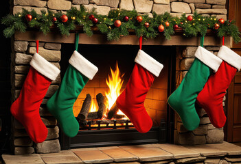 Vintage red and green Christmas stockings hung on a stone fireplace, glowing embers below