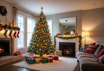Glowing Christmas tree with multicolored lights, tinsel, and oversized ornaments in a cozy living room