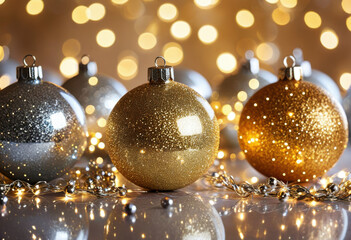 Close-up of glittering Christmas baubles reflecting fairy lights, bokeh background