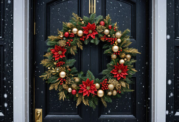 Ornate gold and red Christmas wreath on a dark wooden door, snow falling gently