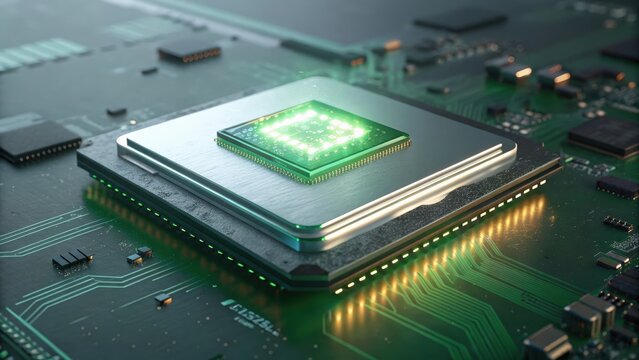 A futuristic energy efficient CPU emitting a vibrant green light on a circuit board