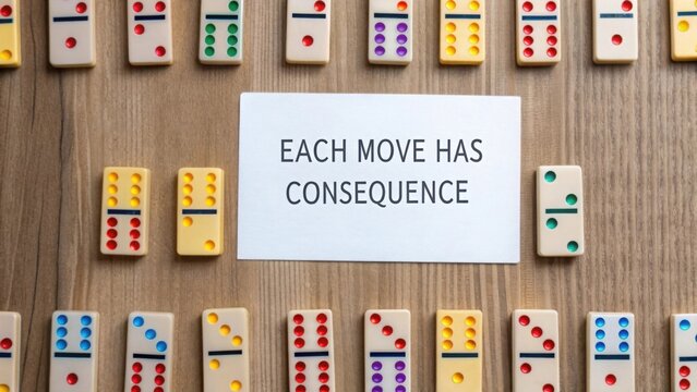 Domino pieces surrounding a sign conveying a consequential message