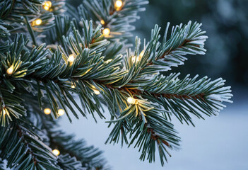 String of fairy lights wrapped around a frosted pine branch, macro shot