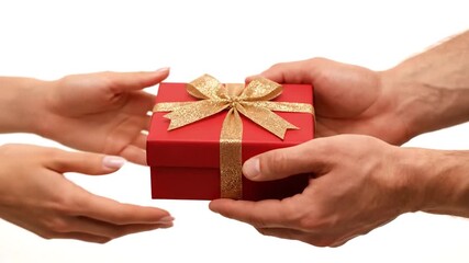 A red gift box with a gold bow is held by two pairs of hands against a white background