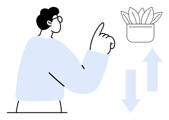 Man gesturing thoughtfully towards plant pot with up and down arrows nearby. Ideal for decision-making, growth, direction, sustainability, mindfulness, choices, and eco-friendly concepts. Minimal