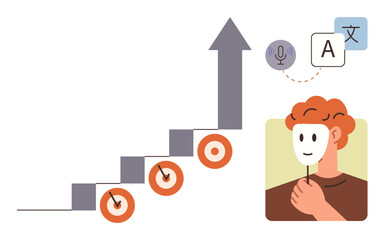Person holding mask beside arrow climbing steps with target marks, speech bubble indicating translation. Ideal for self-improvement, communication, identity, multilingualism, growth, goals, learning