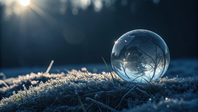 A glowing glass sphere resting on frosty ground reflects the winter trees and bright morning sunlight - Powered by Adobe