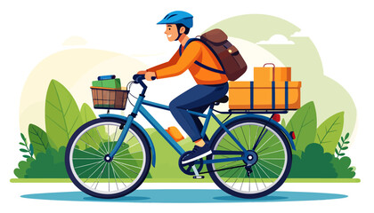 Fototapeta premium A smiling man in a blue helmet and orange jacket rides a blue bicycle, delivering packages with a backpack and front basket in a green outdoor setting.