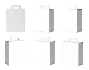 Six plain white, carton-like boxes with cutout handles, arranged on a black background in a simple, organized display