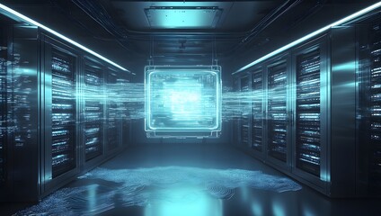 Modern futuristic data center with glowing holographic screens and advanced digital interface, symbolizing AI technology and cybersecurity.