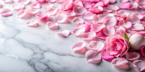 Obraz premium Soft pink rose petals scattered on a white marble table in a luxurious room