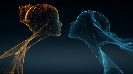 A glowing abstract string stretches between two silhouettes, radiating vibrant light. The hyperrealistic scene symbolizes connection, communication, energy, and the invisible bonds linking individuals