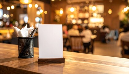 Restaurant table setting with blank menu board for advertisement with ambient lighting