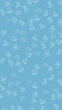 Seamless winter pattern with snowman, ice skate, scarf, and snow icons ideal for greeting cards, fabrics, wallpapers, and seasonal designs.