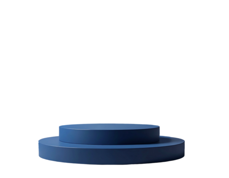 Dark blue two-tiered circular podium with soft lighting on a stark black background for product display or presentation