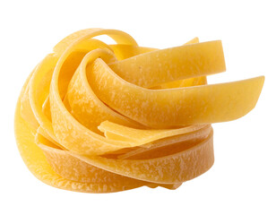 A nest-like clump of yellowish, ribbon-shaped pasta, artfully coiled on a plain dark background