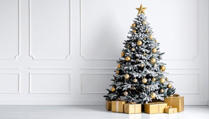 Festive Christmas Tree with Gold Decorations and Presents in a Bright White Room