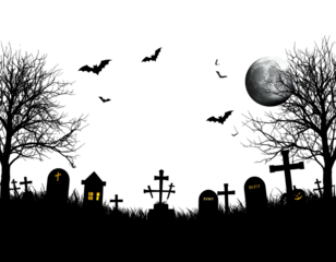 Spooky nighttime scene with a large moon, silhouetted trees, and scattered glowing gravestones