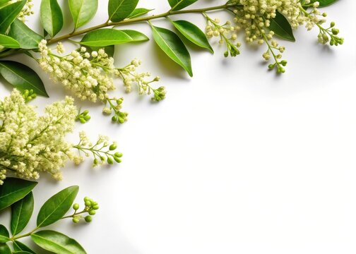 Fresh spring sprigs of Ligustrum with leaves on white background