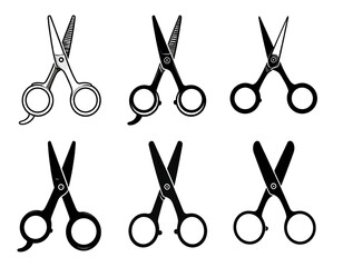 Six scissors arranged in a black background, showcasing varying angles and shapes, some open and some closed