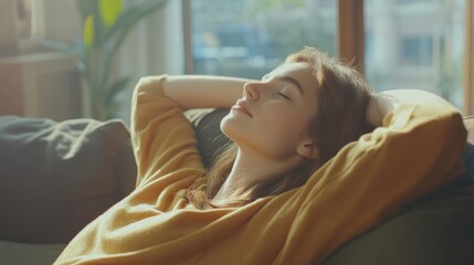 serene moment of a woman resting indoors, capturing the peace of a quiet day, promoting wellness and relaxation through imagery of stillness