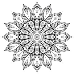 Intricate black and white mandala design with floral elements