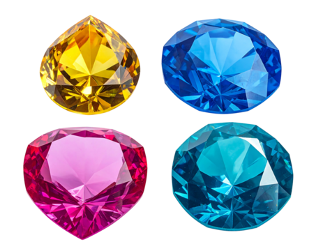Four gemstone illustrations, each with a unique color and cut, set against a stark black backdrop