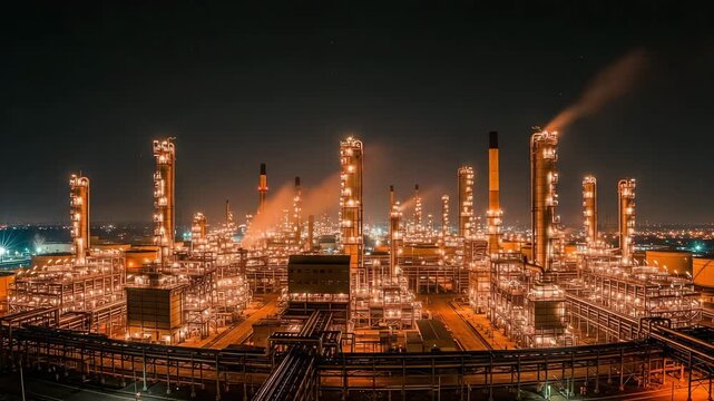 Illuminated industrial complex at night with orange lights and smoke stacks video generative ai