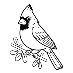 Black and white illustration of a cardinal bird perched on a branch