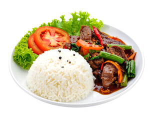 Steaming white rice with sliced tomatoes and fresh lettuce, served with hearty meat and vegetables on a plate
