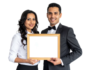 Smiling couple in formal attire hold a blank frame against a solid black backdrop