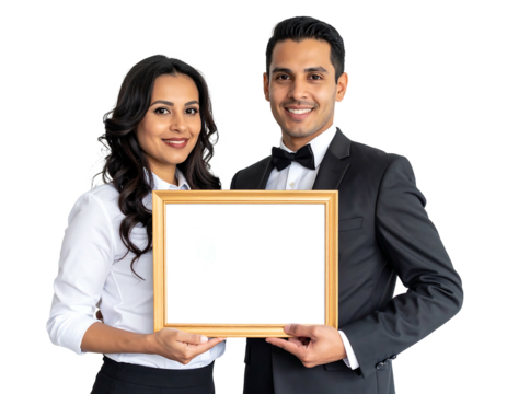 Smiling couple in formal attire hold a blank frame against a solid black backdrop