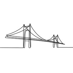 Continuous line drawing of a suspension bridge on a white background