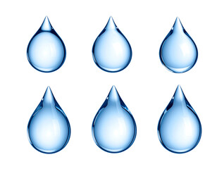 Six shiny, blue water droplets arranged in a 2x3 grid on a black background, featuring unique shapes and light reflections